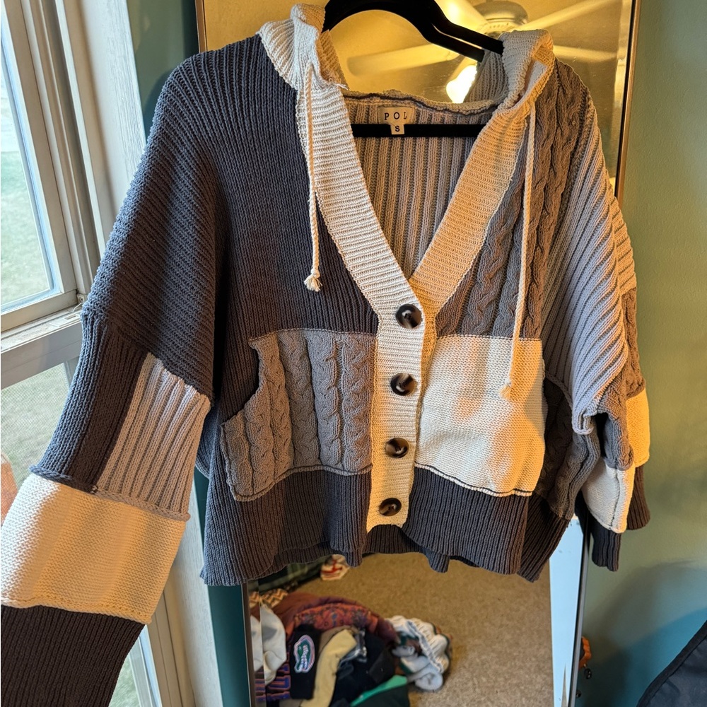POL Gray Blue and Cream Cardigan Sweater